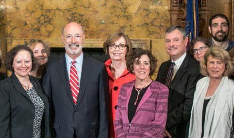 Pennsylvania Governor Tom Wolf welcomes Philadelphia delegation in Harrisburg. Carole Landis is at far right.